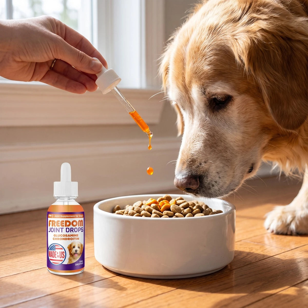 Adding drops to a senior dog’s food bowl