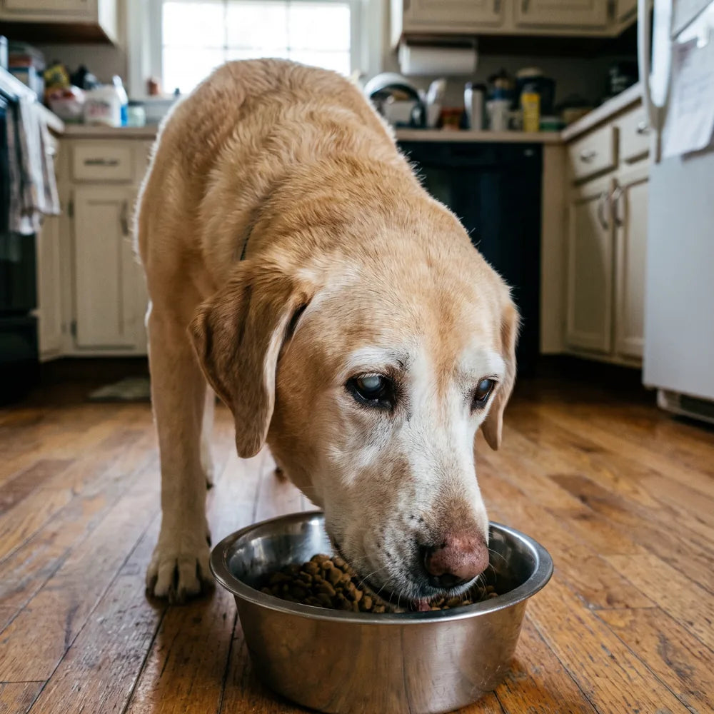 Senior Labrador eating from his bowl
