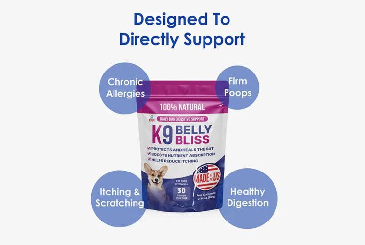 K9 Belly Bliss supplement pouch with text showing support for chronic allergies, firm stools, itching relief, and healthy digestion.