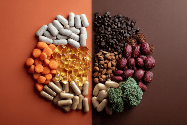 A split-background display showing various dietary supplements on one side and whole foods like nuts, seeds, and broccoli on the other. [Photo by Multimedia Designs from Canva.]