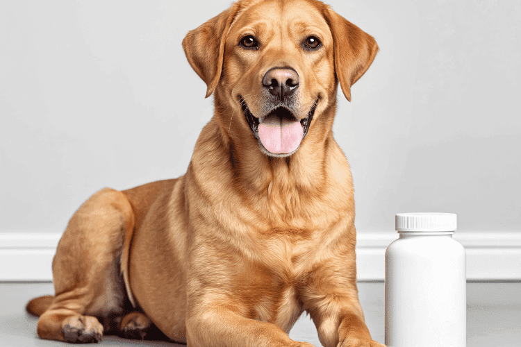 Golden retriever sitting beside a white supplement bottle.
