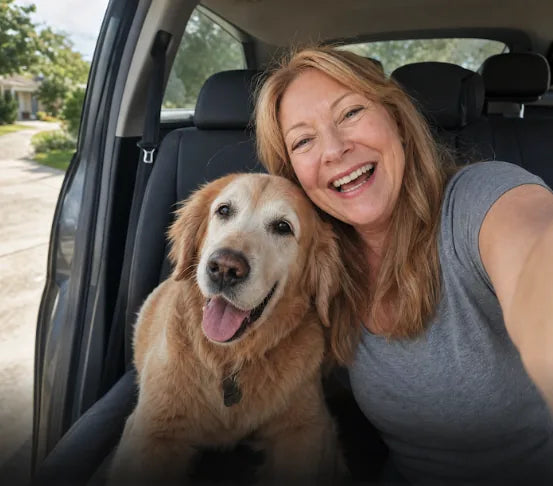 Bella the dog in the car with her owner