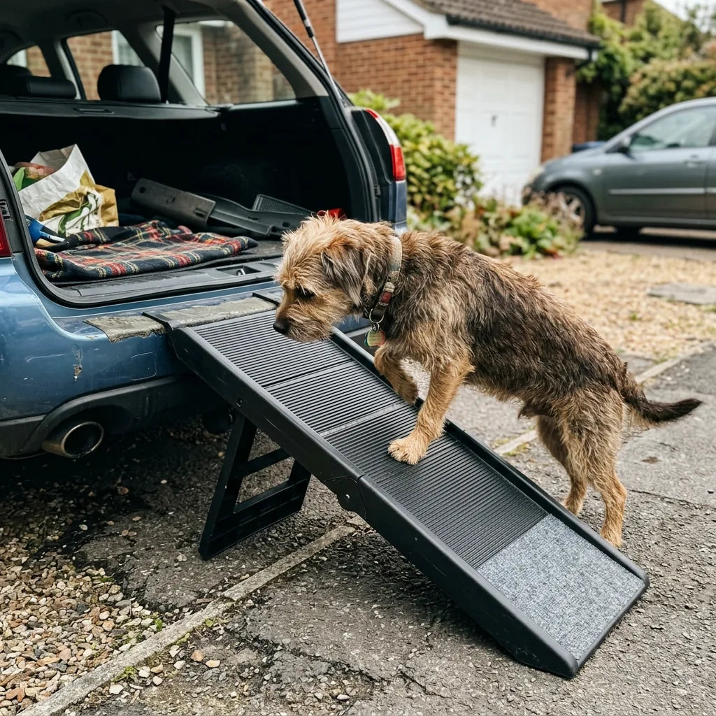 Older dog walking up a ramp into a car