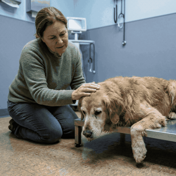 Senior dog struggling to stand at a veterinary clinic