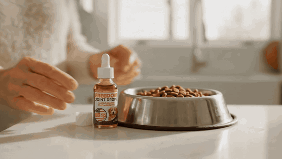 Adding Freedom Joint Drops to a dog's food bowl
