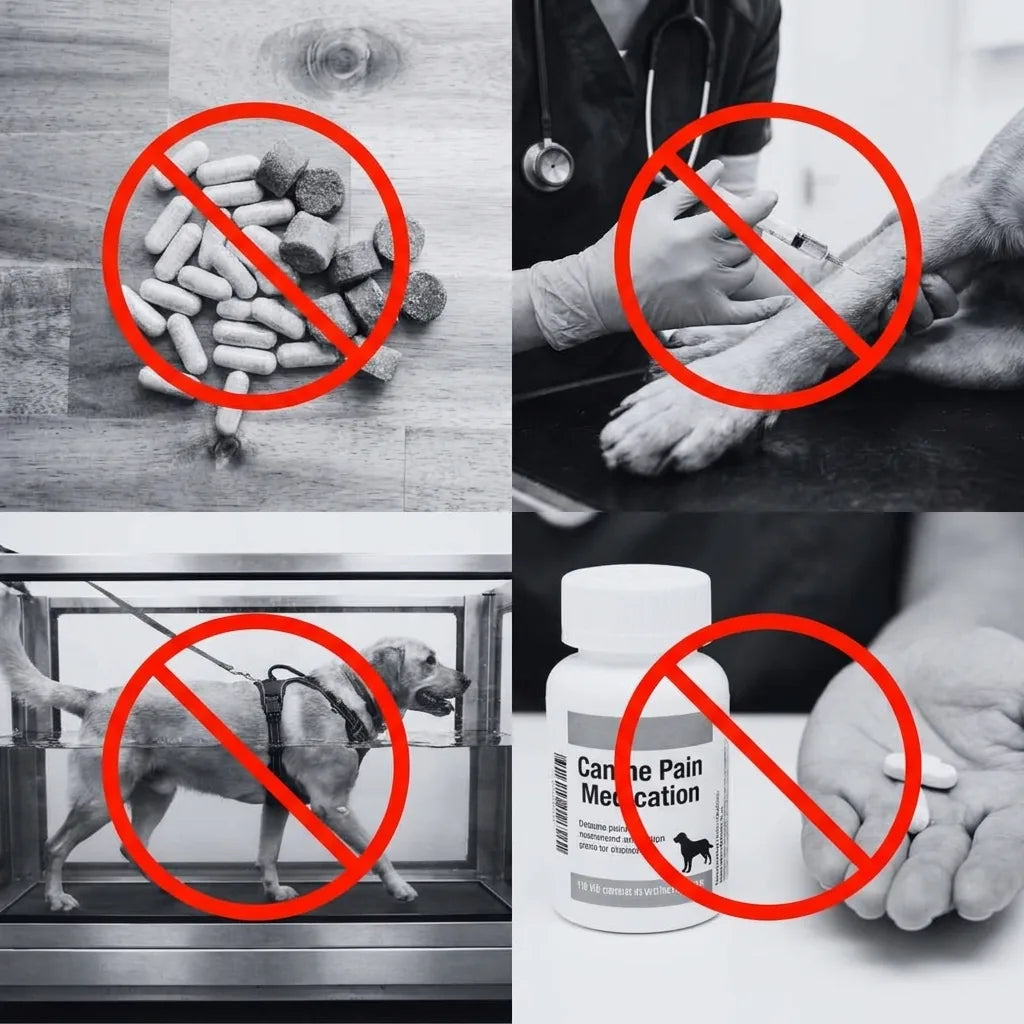 Pills, injections and pain medication crossed out
