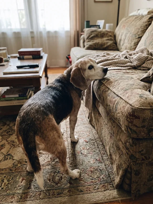Senior beagle looking up at the couch