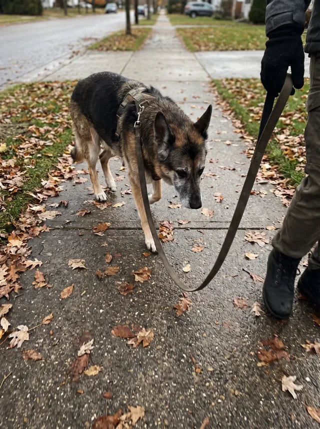 Senior German shepherd lagging behind on a walk