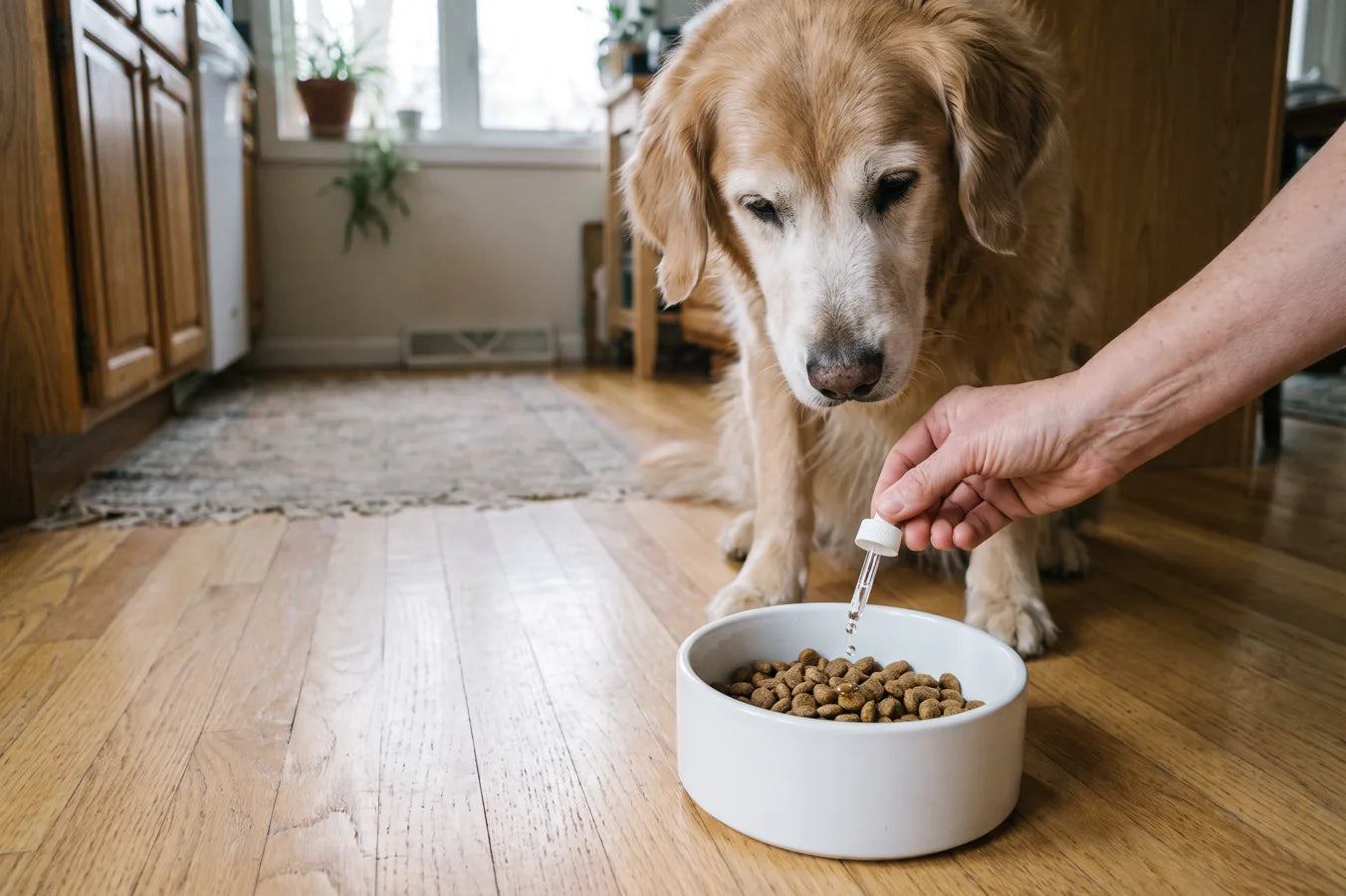 Adding drops to a senior dog’s food bowl