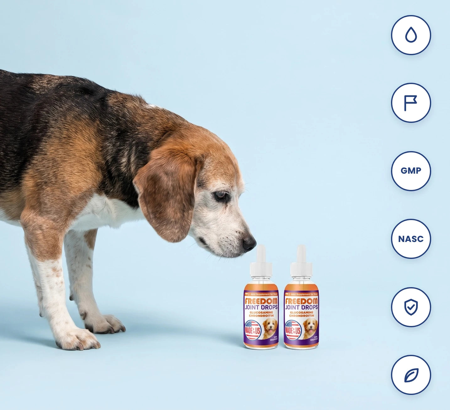 Senior dog sniffing two bottles of Freedom Joint Drops