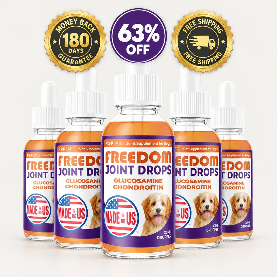 Five bottles of Freedom Joint Drops with 63% off, 180-day guarantee and free shipping badges