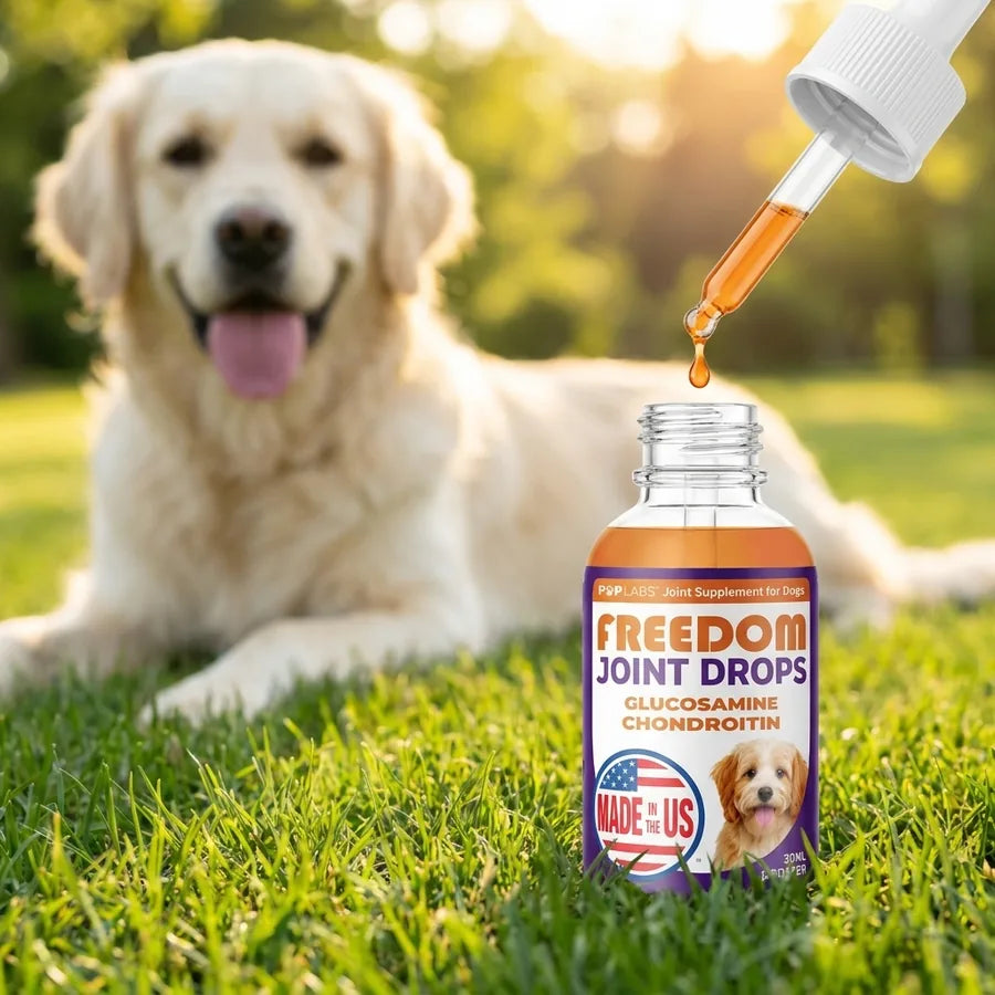 Freedom Joint Drops bottle and dropper on the grass in front of a golden retriever