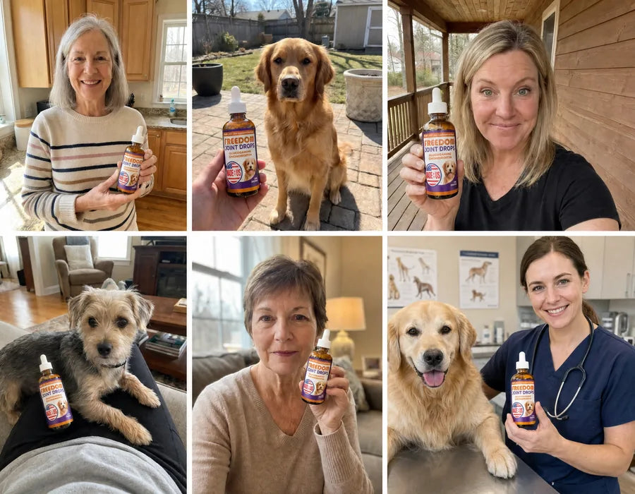 Six dog owners and their dogs, each holding a bottle of Freedom Joint Drops