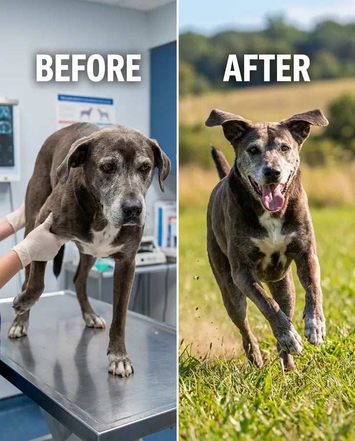 Before: a senior dog standing stiffly on a vet table. After: the same dog running through a field