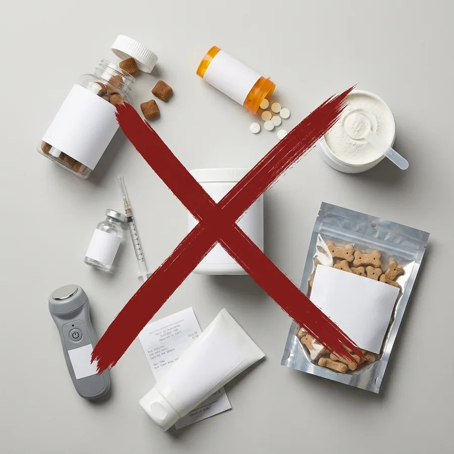 Pill bottles, a syringe and a bag of chews crossed out with a red X