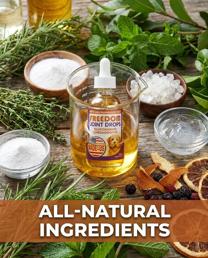 Freedom Joint Drops among fresh herbs, citrus and powdered ingredients, captioned All-Natural Ingredients