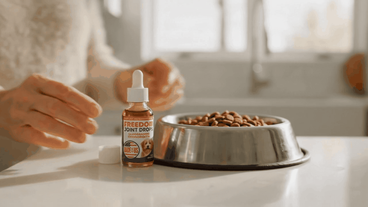 An owner squeezing a dropper of Freedom Joint Drops over a bowl of kibble