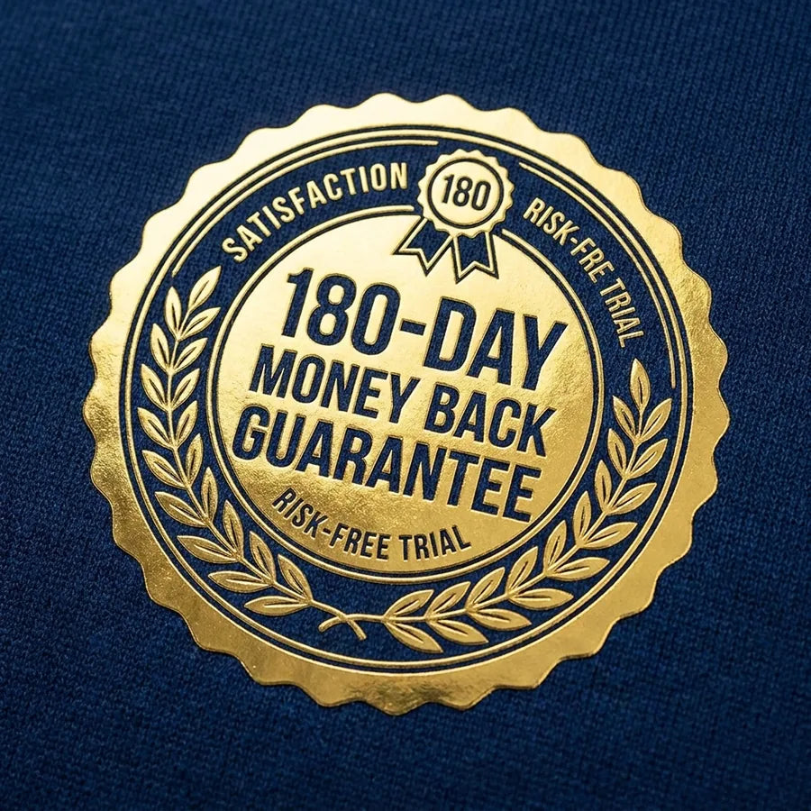 Gold seal reading 180-Day Money Back Guarantee, Risk-Free Trial
