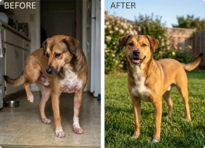 A dog with irritated skin, and the same dog later outdoors with a healthy coat