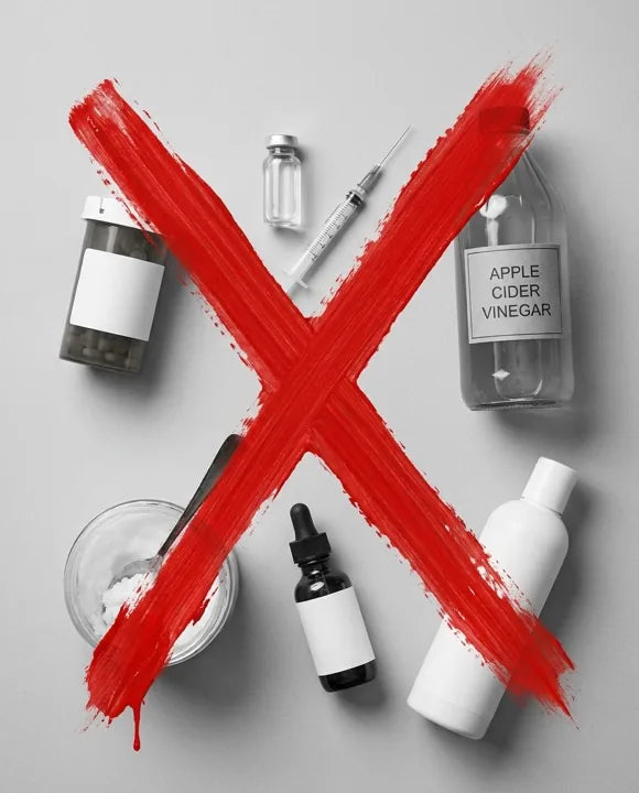 Shampoos, creams and bottles crossed out with a red X