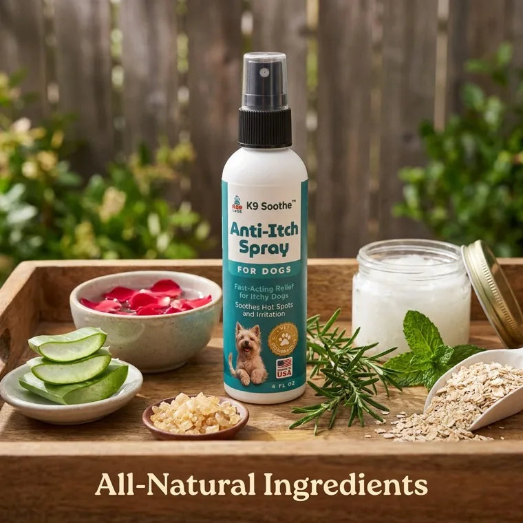 K9 Soothe Anti-Itch Spray surrounded by aloe, rose, oats and coconut