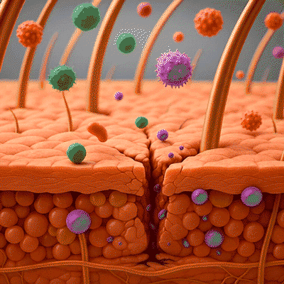 Animation of allergens and bacteria passing through a break in the skin barrier