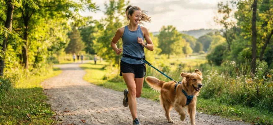 A dog owner running a woodland trail at golden hour with her golden retriever keeping pace beside her