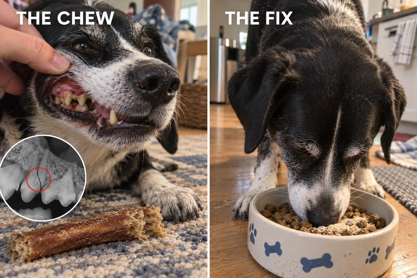 Same dog, split view: a fractured premolar from a chew on the left, calmly eating from a bowl dusted with powder on the right