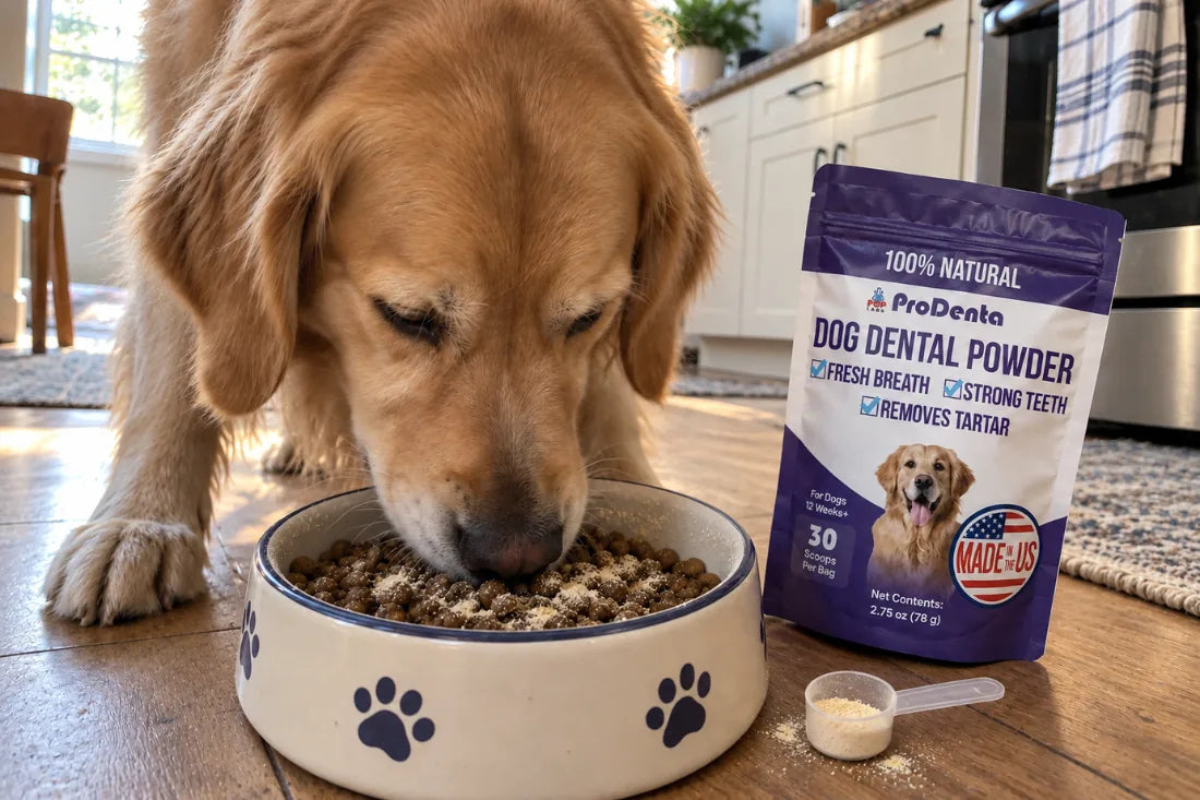 A dog eating from a bowl with a scoop of ProDenta powder on top of the food