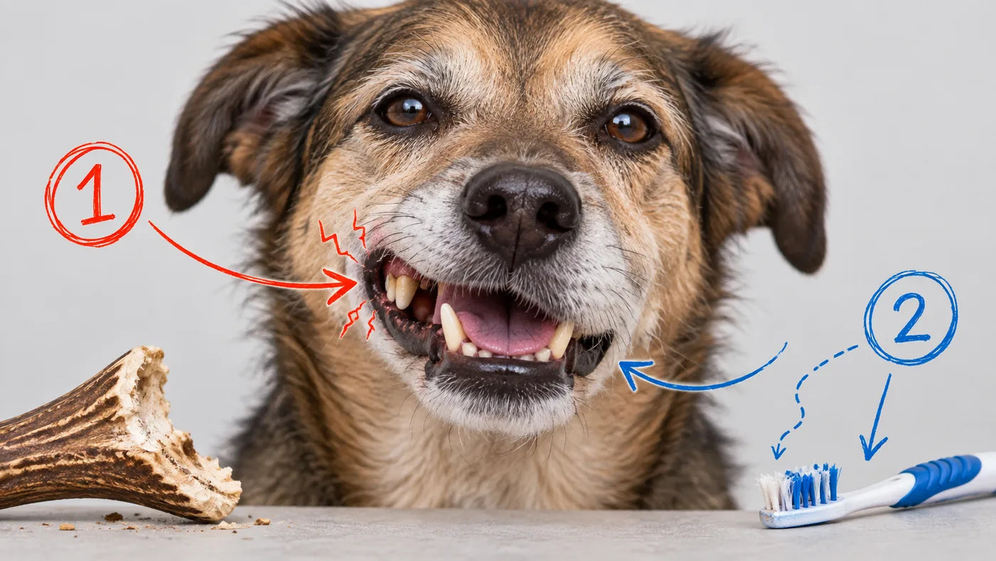 A dog baring a strained tooth beside an antler chew, marked risk one, and a toothbrush, marked risk two