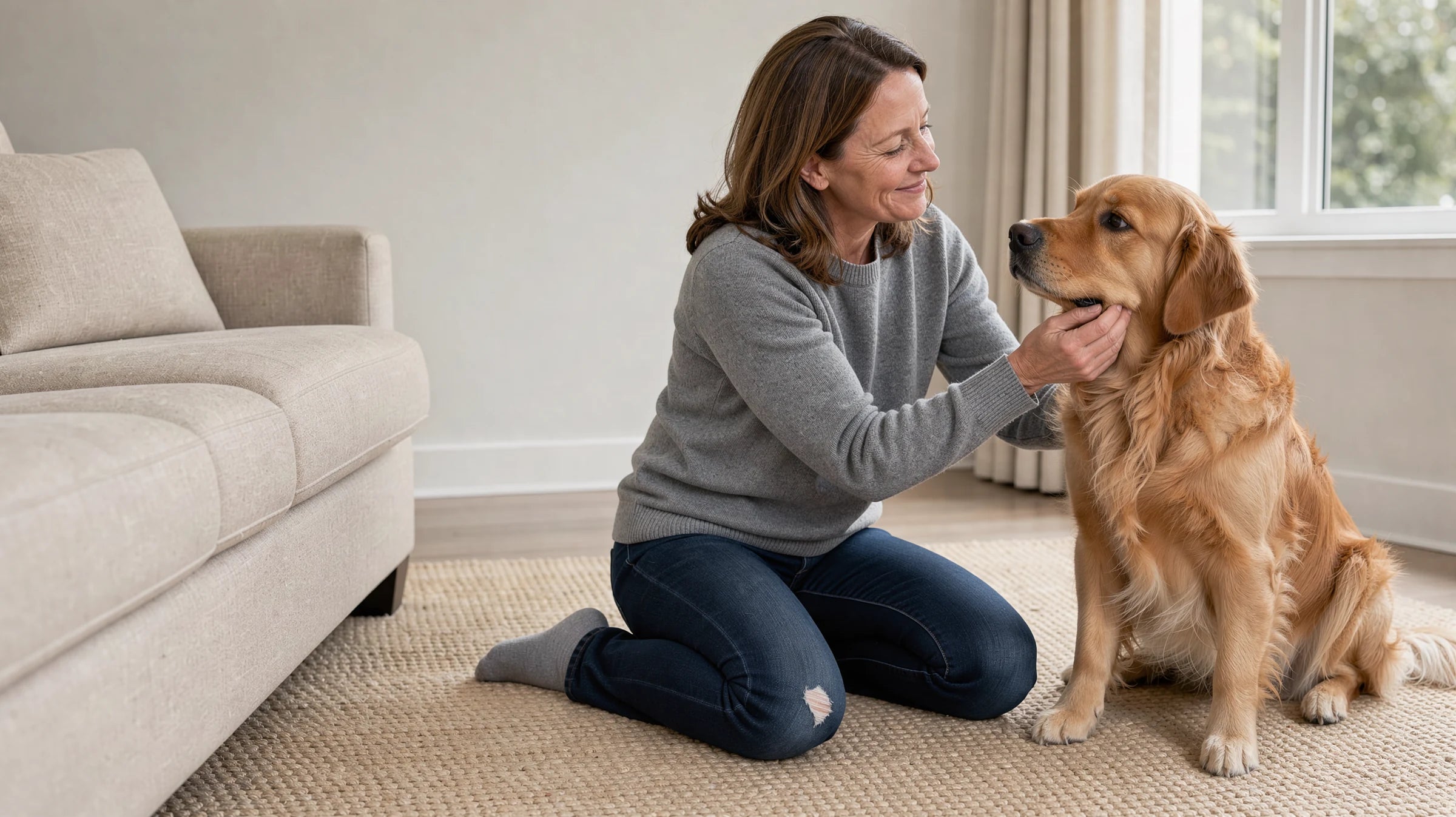 A dog owner with her golden retriever