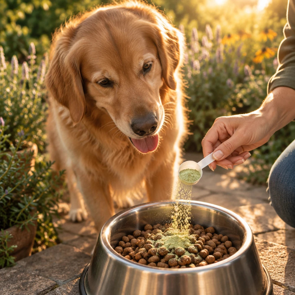 ProDenta powder being sprinkled on a dog's food